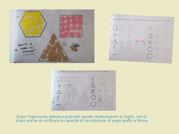 Dopo l’esperienza abbiamo proposto queste rielaborazioni su foglio, con lo scopo anche di verificare Dopo l’esperienza abbiamo proposto queste rielaborazioni su foglio, con lo scopo anche di verificare