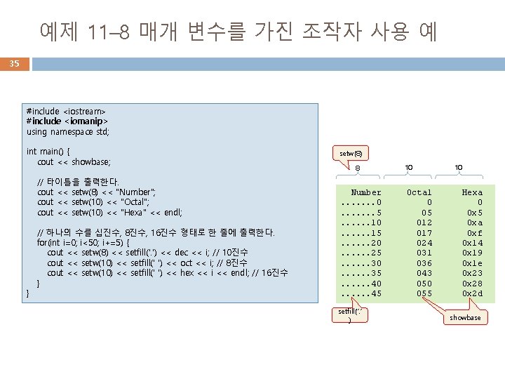 예제 11– 8 매개 변수를 가진 조작자 사용 예 35 #include <iostream> #include <iomanip>