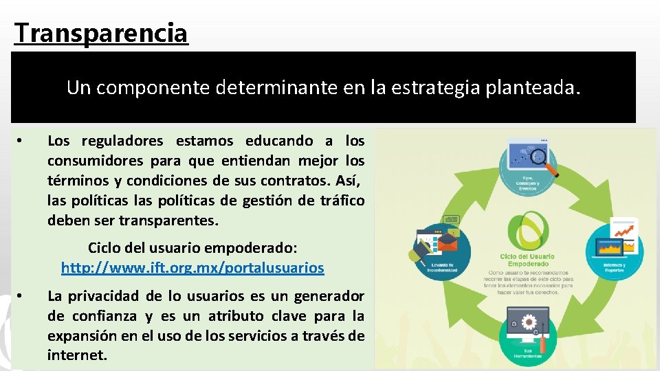 Transparencia Un componente determinante en la estrategia planteada. • Los reguladores estamos educando a