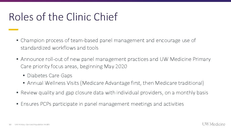 Roles of the Clinic Chief • Champion process of team-based panel management and encourage Roles of the Clinic Chief • Champion process of team-based panel management and encourage