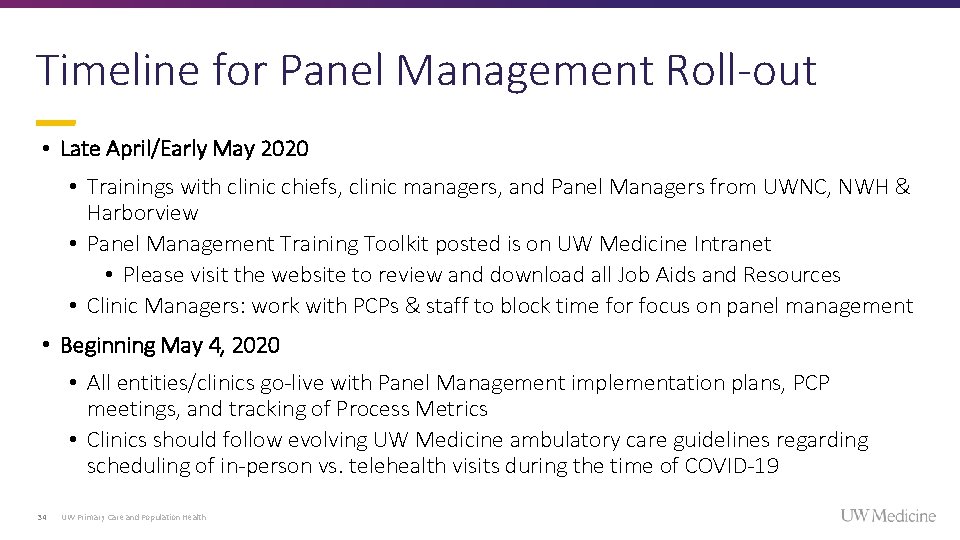 Timeline for Panel Management Roll-out • Late April/Early May 2020 • Trainings with clinic Timeline for Panel Management Roll-out • Late April/Early May 2020 • Trainings with clinic