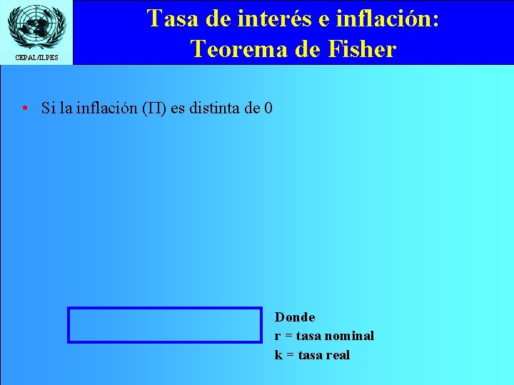 CEPAL/ILPES Tasa de interés e inflación: Teorema de Fisher • Si la inflación (P)