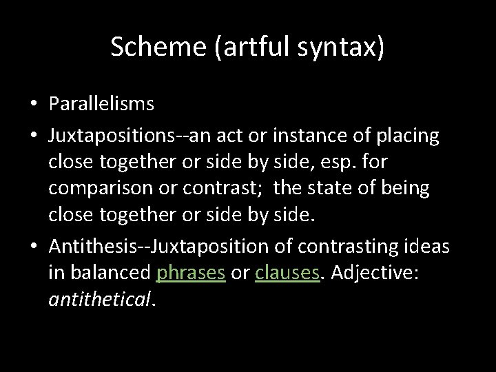 Scheme (artful syntax) • Parallelisms • Juxtapositions--an act or instance of placing close together Scheme (artful syntax) • Parallelisms • Juxtapositions--an act or instance of placing close together