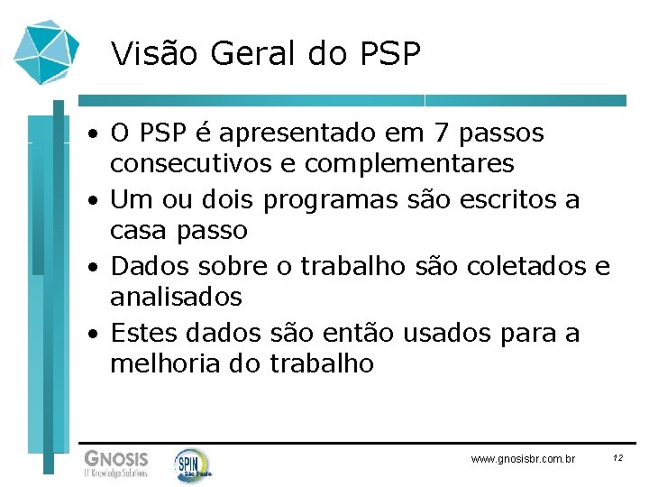 Visão Geral do PSP • O PSP é apresentado em 7 passos consecutivos e