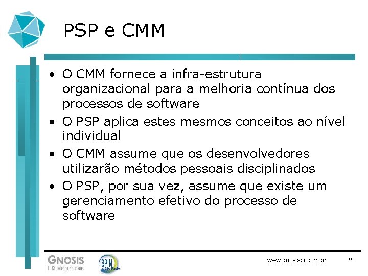 PSP e CMM • O CMM fornece a infra-estrutura organizacional para a melhoria contínua