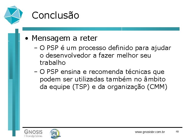 Conclusão • Mensagem a reter – O PSP é um processo definido para ajudar