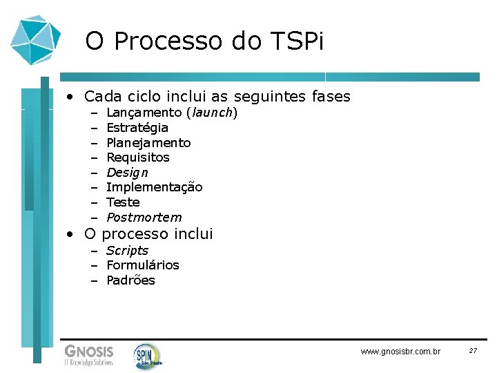 O Processo do TSPi • Cada ciclo inclui as seguintes fases – – –