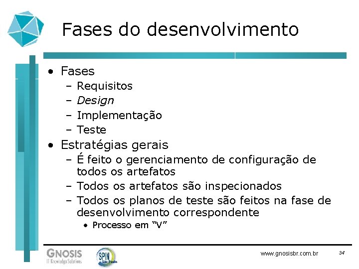 Fases do desenvolvimento • Fases – – Requisitos Design Implementação Teste • Estratégias gerais