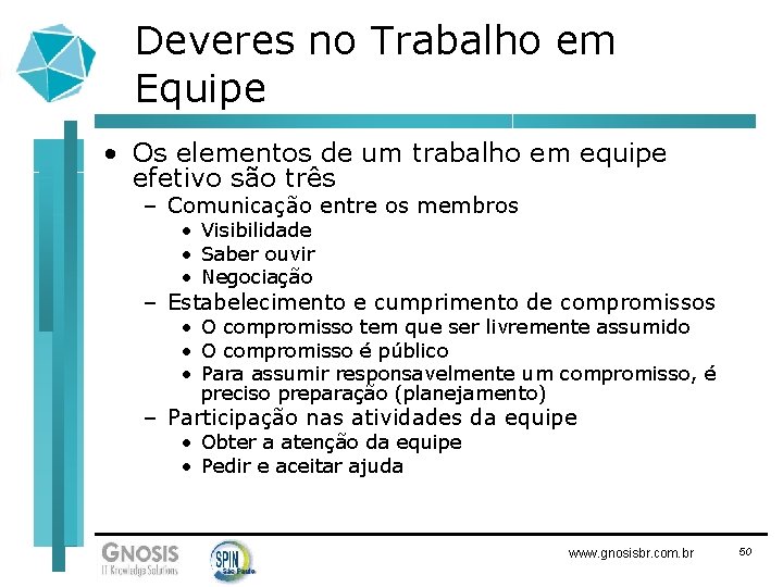 Deveres no Trabalho em Equipe • Os elementos de um trabalho em equipe efetivo