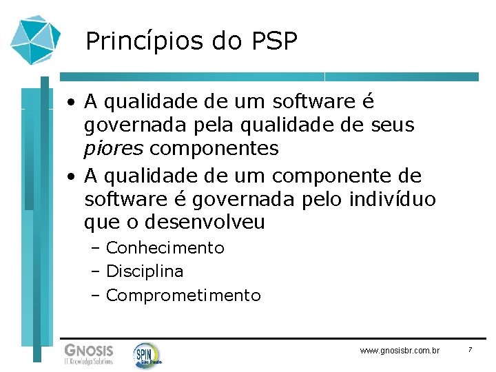 Princípios do PSP • A qualidade de um software é governada pela qualidade de