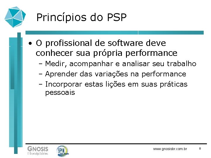 Princípios do PSP • O profissional de software deve conhecer sua própria performance –