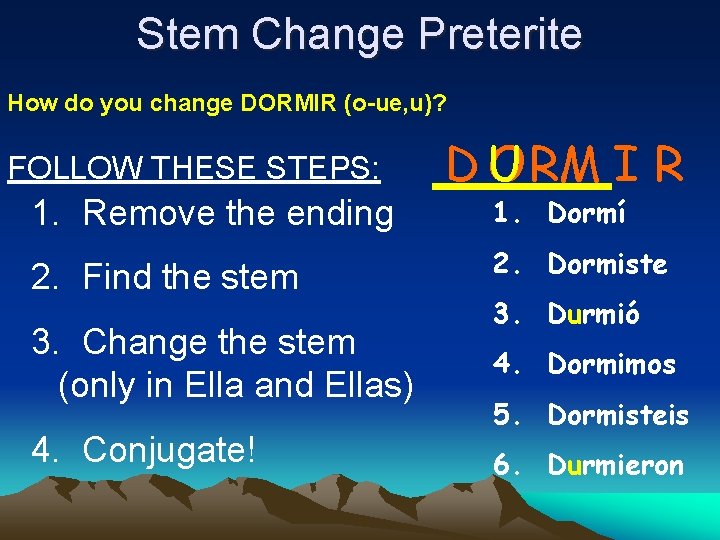 Stem Change Preterite How do you change DORMIR (o-ue, u)? FOLLOW THESE STEPS: 1.