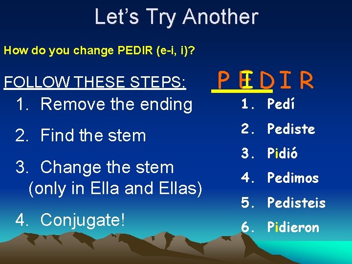 Let’s Try Another How do you change PEDIR (e-i, i)? FOLLOW THESE STEPS: 1.