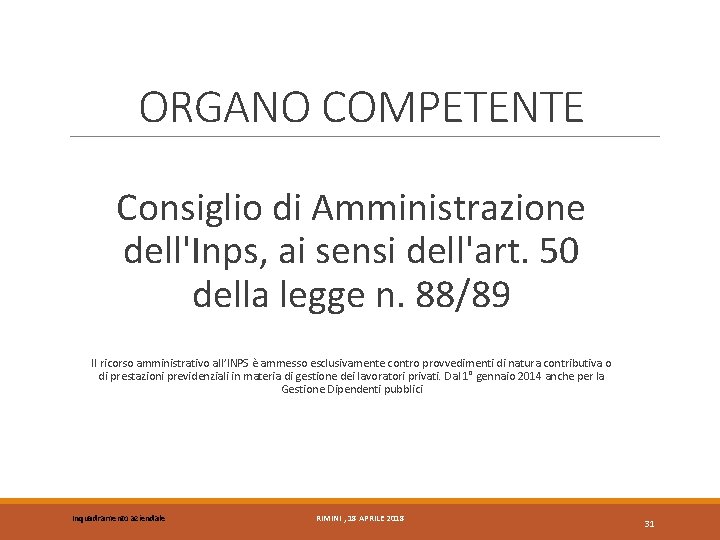 ORGANO COMPETENTE Consiglio di Amministrazione dell'Inps, ai sensi dell'art. 50 della legge n. 88/89