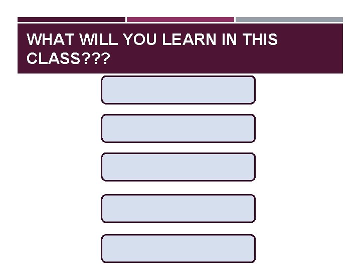 WHAT WILL YOU LEARN IN THIS CLASS? ? ? 