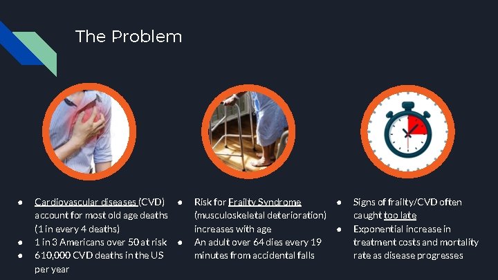 The Problem ● ● ● Cardiovascular diseases (CVD) ● account for most old age