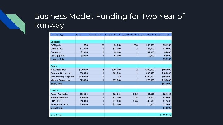 Business Model: Funding for Two Year of Runway 