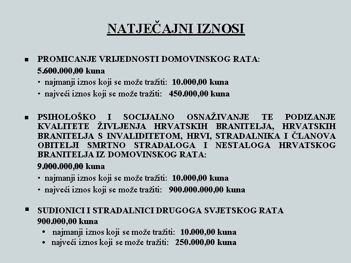 NATJEČAJNI IZNOSI n PROMICANJE VRIJEDNOSTI DOMOVINSKOG RATA: 5. 600. 000, 00 kuna • najmanji