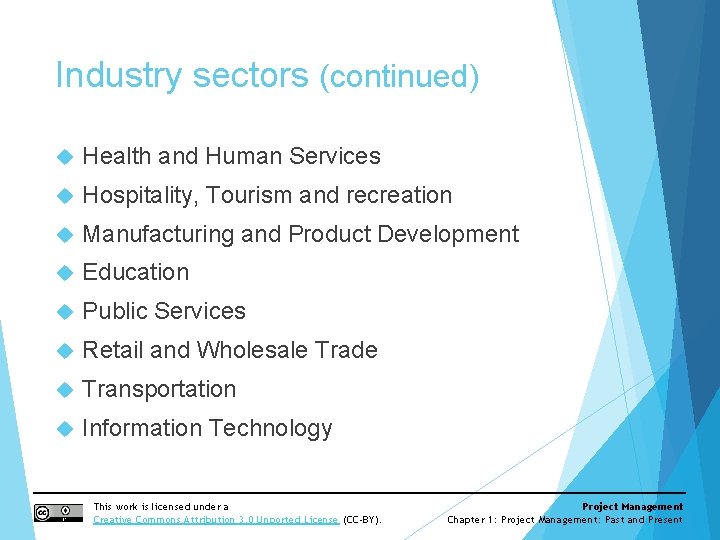 Industry sectors (continued) Health and Human Services Hospitality, Tourism and recreation Manufacturing and Product Industry sectors (continued) Health and Human Services Hospitality, Tourism and recreation Manufacturing and Product