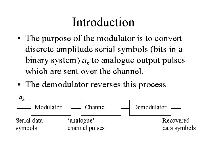 Introduction • The purpose of the modulator is to convert discrete amplitude serial symbols