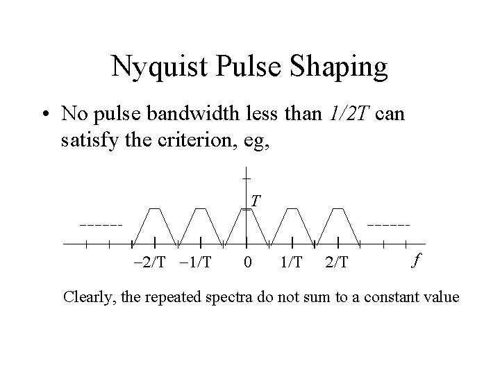 Nyquist Pulse Shaping • No pulse bandwidth less than 1/2 T can satisfy the