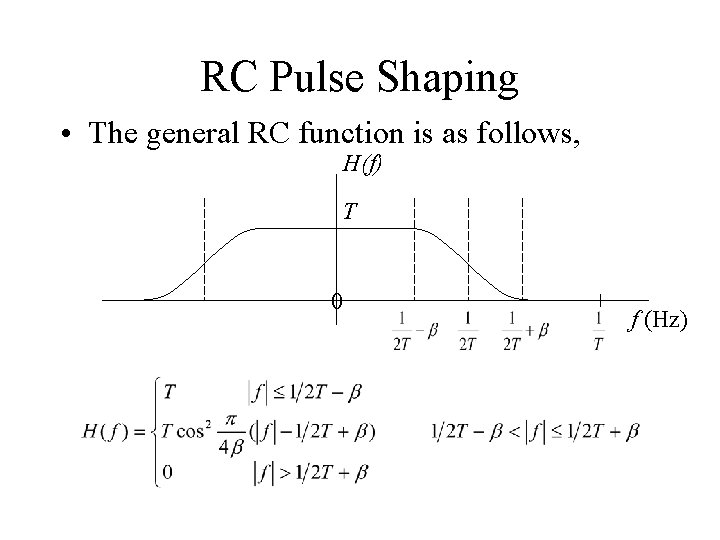 RC Pulse Shaping • The general RC function is as follows, H(f) T 0