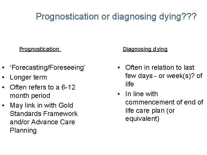 Prognostication or diagnosing dying? ? ? Prognostication • ‘Forecasting/Foreseeing’ • Longer term • Often Prognostication or diagnosing dying? ? ? Prognostication • ‘Forecasting/Foreseeing’ • Longer term • Often