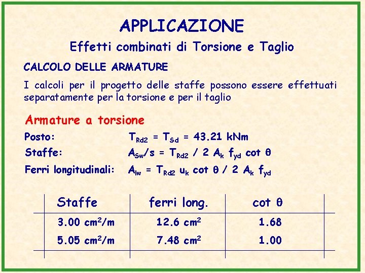 APPLICAZIONE Effetti combinati di Torsione e Taglio CALCOLO DELLE ARMATURE I calcoli per il