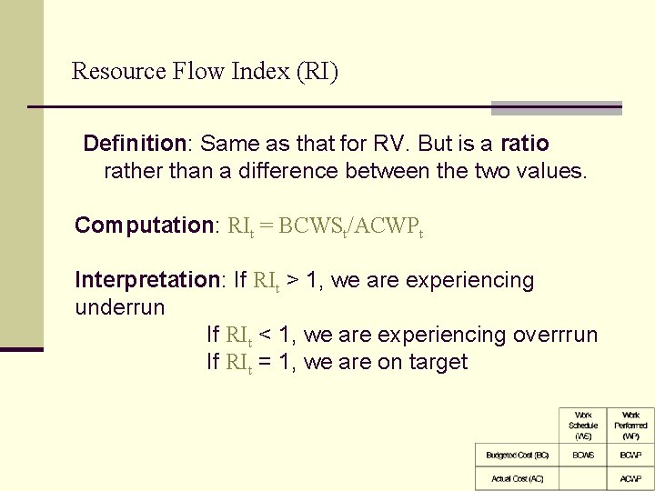 Resource Flow Index (RI) Definition: Same as that for RV. But is a ratio Resource Flow Index (RI) Definition: Same as that for RV. But is a ratio