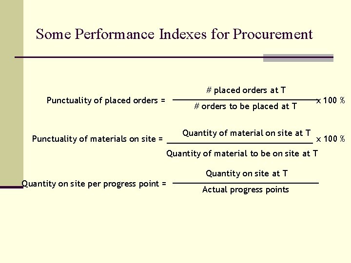 Some Performance Indexes for Procurement Punctuality of placed orders = Punctuality of materials on Some Performance Indexes for Procurement Punctuality of placed orders = Punctuality of materials on