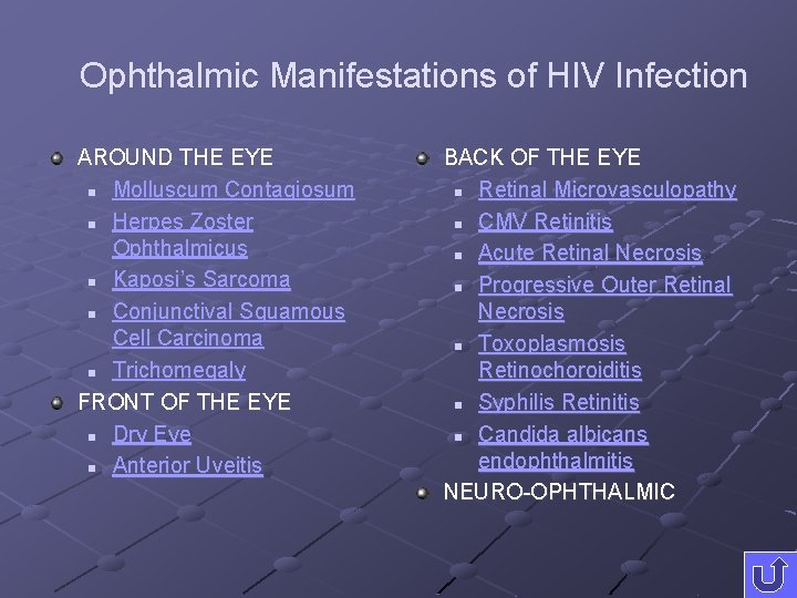 Ophthalmic Manifestations of HIV Infection AROUND THE EYE n Molluscum Contagiosum n Herpes Zoster