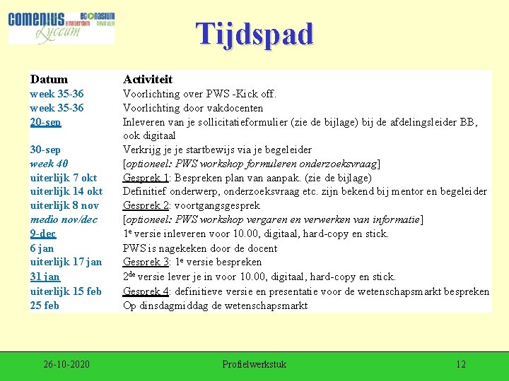 Tijdspad Datum Activiteit week 35 -36 20 -sep Voorlichting over PWS -Kick off. Voorlichting