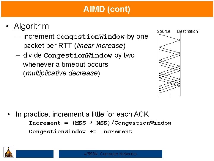 AIMD (cont) • Algorithm … – increment Congestion. Window by one packet per RTT