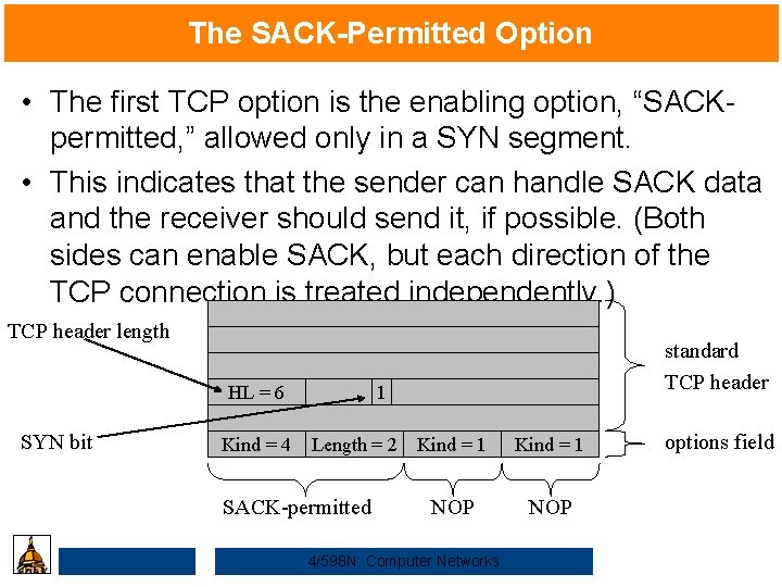 The SACK-Permitted Option • The first TCP option is the enabling option, “SACKpermitted, ”