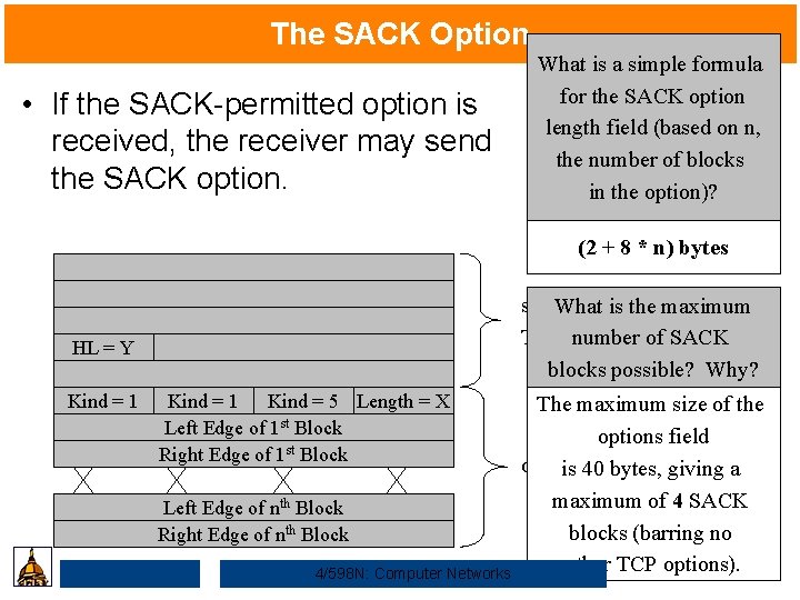 The SACK Option • If the SACK-permitted option is received, the receiver may send