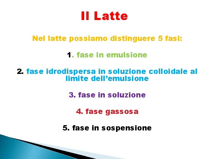 Il Latte Nel latte possiamo distinguere 5 fasi: 1. fase in emulsione 2. fase