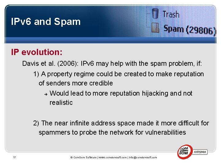 IPv 6 and Spam IP evolution: Davis et al. (2006): IPv 6 may help