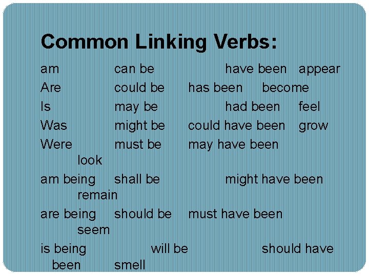 Common Linking Verbs: am Are Is Was Were can be could be may be