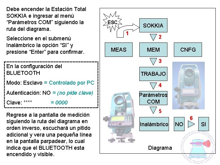 Debe encender la Estación Total SOKKIA e ingresar al menú “Parámetros COM” siguiendo la
