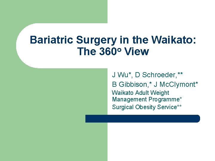 Bariatric Surgery in the Waikato: The 360 o View J Wu*, D Schroeder, **