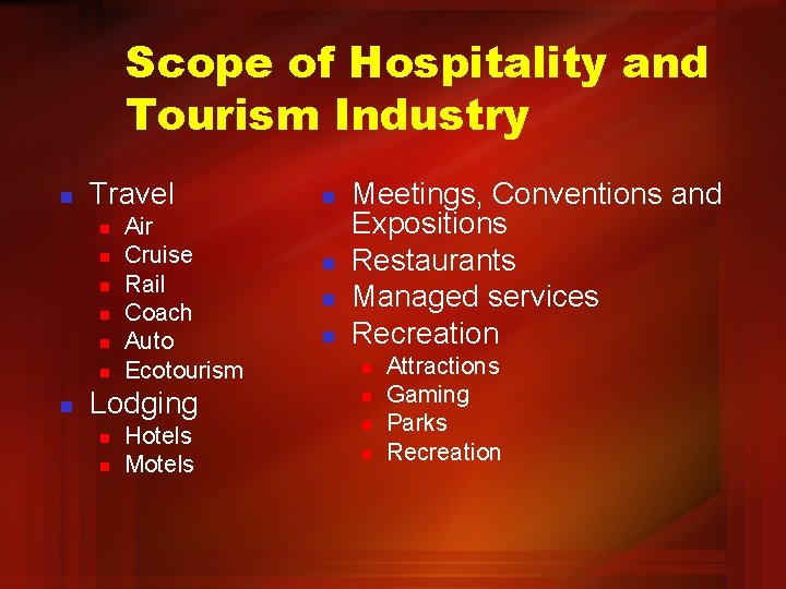 Scope of Hospitality and Tourism Industry n Travel n n n n Air Cruise