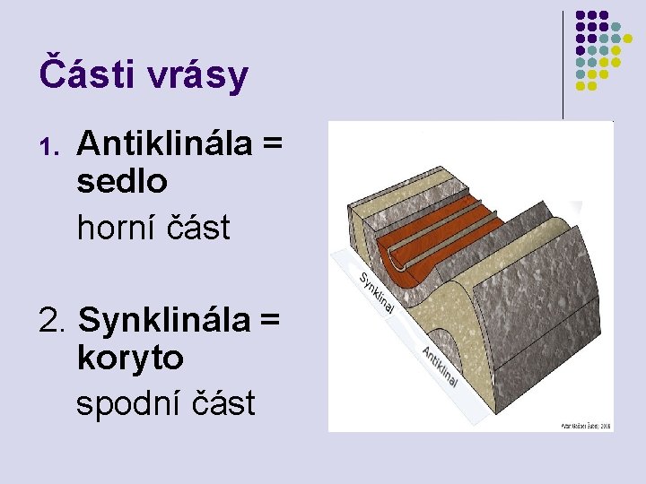 Části vrásy 1. Antiklinála = sedlo horní část 2. Synklinála = koryto spodní část