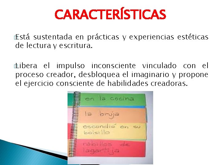 CARACTERÍSTICAS � Está sustentada en prácticas y experiencias estéticas de lectura y escritura. �