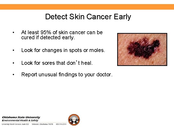Environmental Health and Safety Detect Skin Cancer Early • At least 95% of skin