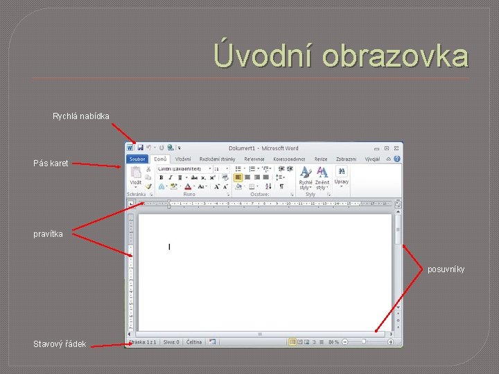 Úvodní obrazovka Rychlá nabídka Pás karet pravítka posuvníky Stavový řádek 