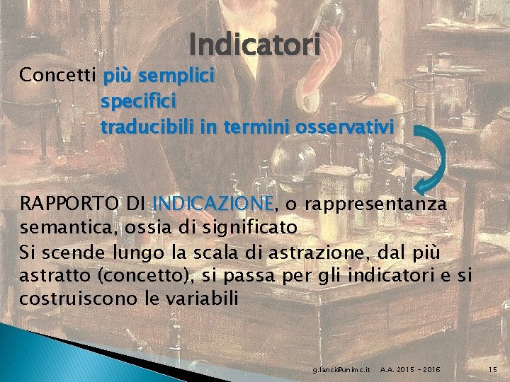 Indicatori Concetti più semplici specifici traducibili in termini osservativi RAPPORTO DI INDICAZIONE, INDICAZIONE o