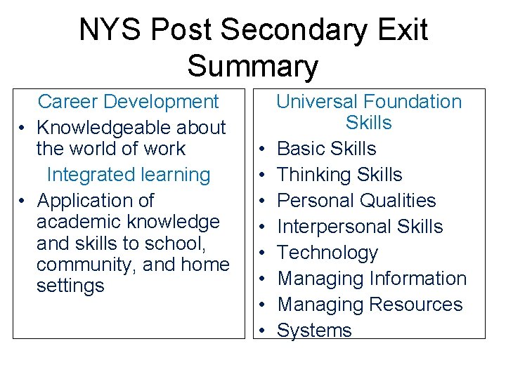 NYS Post Secondary Exit Summary Career Development • Knowledgeable about the world of work