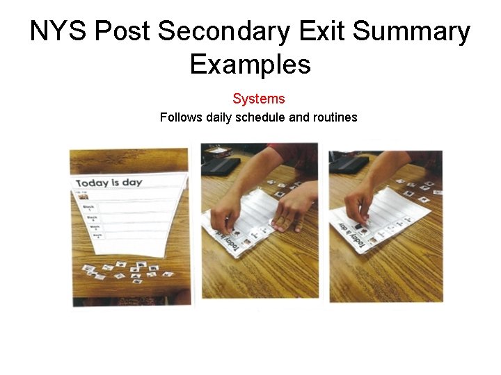 NYS Post Secondary Exit Summary Examples Systems Follows daily schedule and routines 