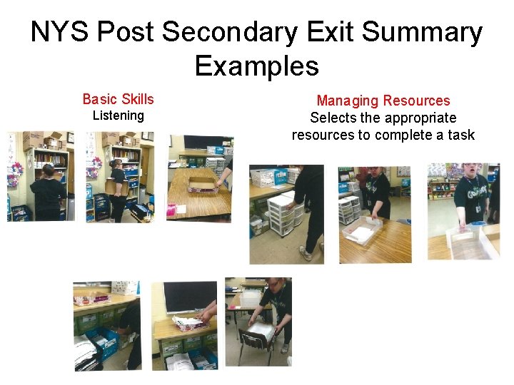 NYS Post Secondary Exit Summary Examples Basic Skills Listening Managing Resources Selects the appropriate