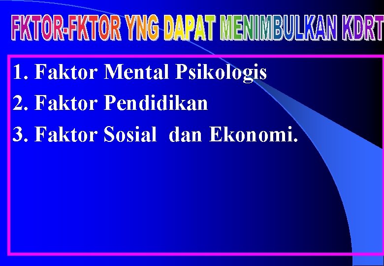 1. Faktor Mental Psikologis 2. Faktor Pendidikan 3. Faktor Sosial dan Ekonomi. 